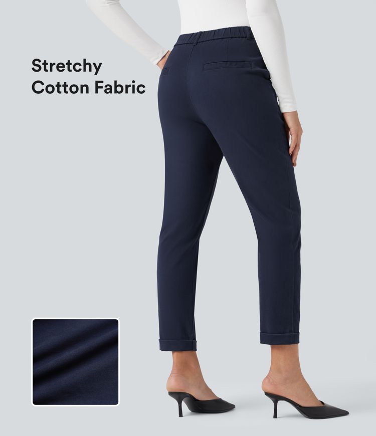 Mid Rise Slim Casual 7/8 Chino Cotton Pants with Pockets