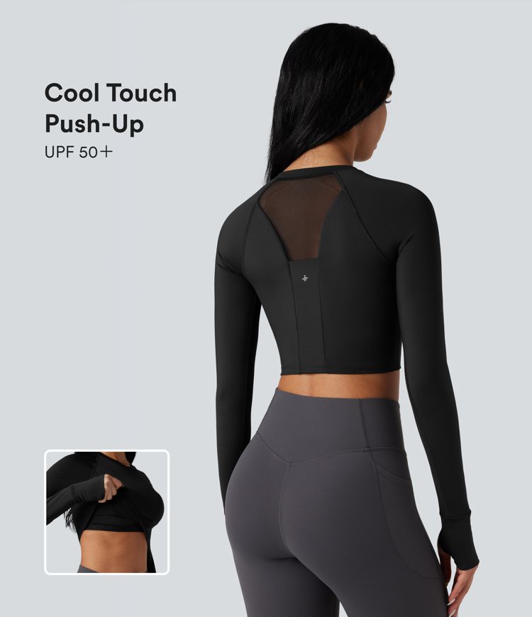 SoftlyZero™ Airy Push-Up Long Sleeve Thumb Hole Contrast Mesh Cool Touch Yoga Sports Top-UPF50+