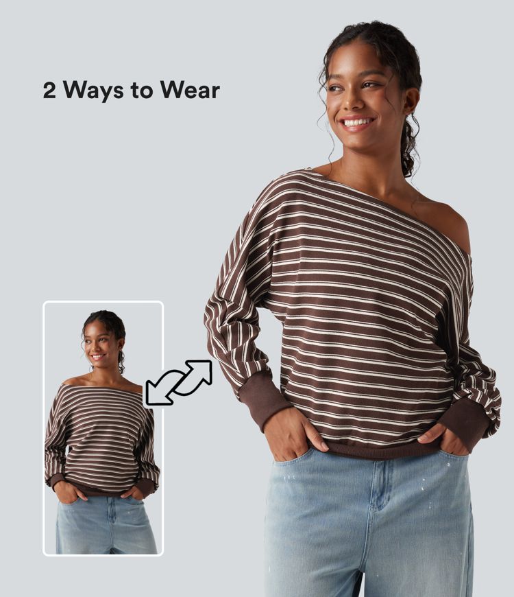 Off-shoulder Long Sleeve Stripes Relaxed Casual Sweatshirt
