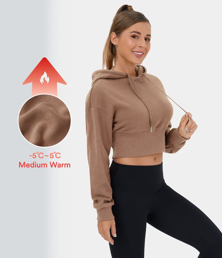 Removable Hood Drawstring Cropped Fleece Casual Hoodie Sports Sweatshirt