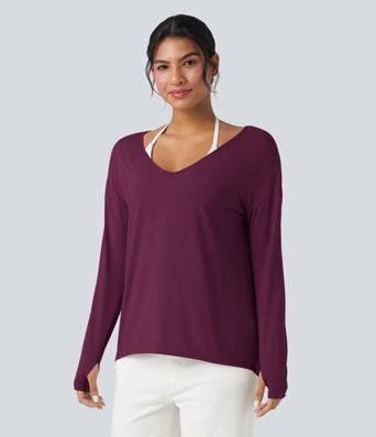 T-shirt décontracté col V profond manches longues à trous pouces coupe décontractée - Réversible devant et dos