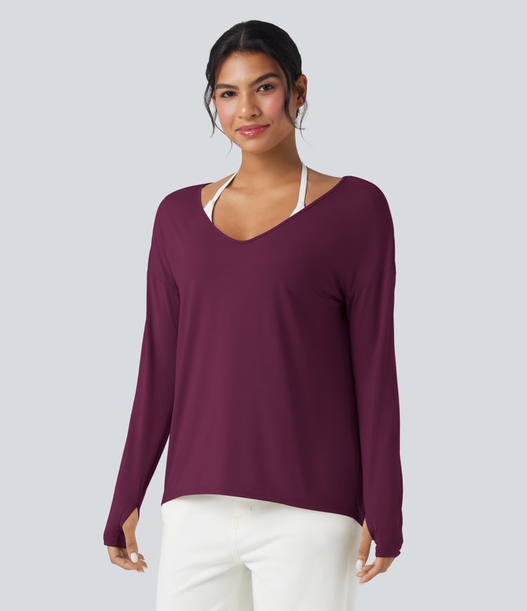 T-shirt décontracté col V profond manches longues à trous pouces coupe décontractée - Réversible devant et dos