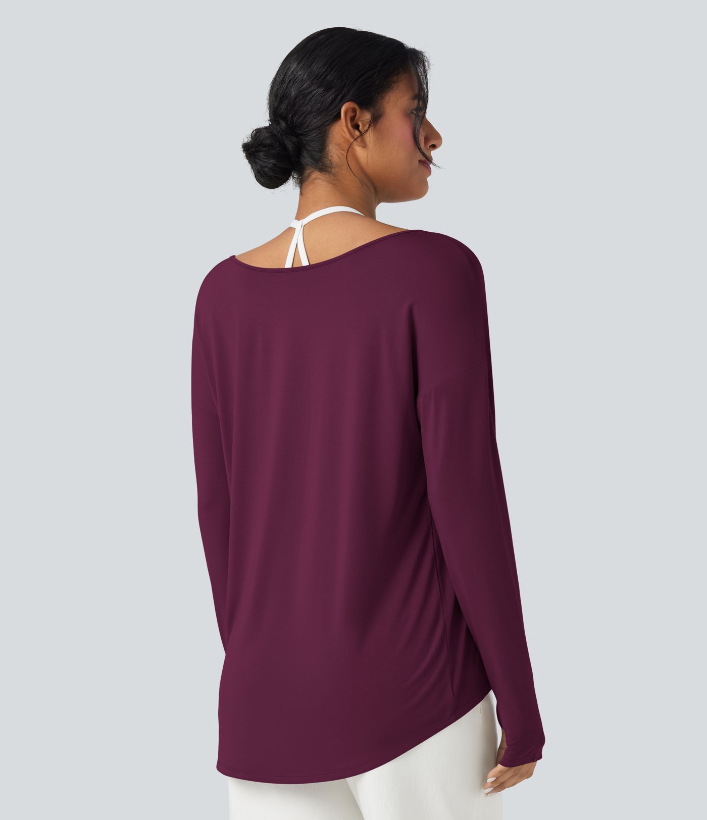 T-shirt décontracté col V profond manches longues à trous pouces coupe décontractée - Réversible devant et dos