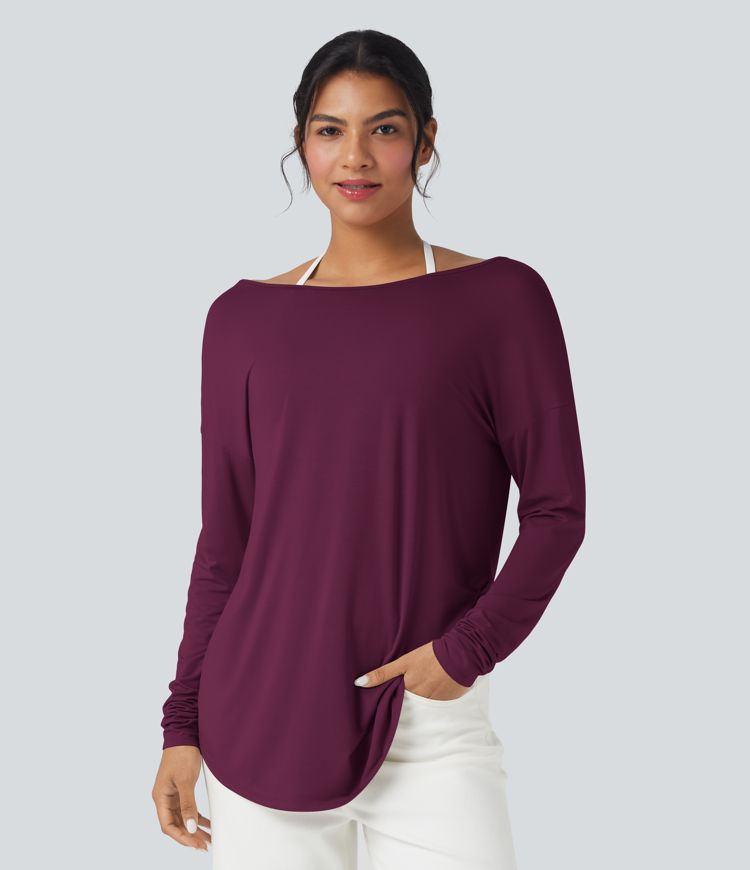 T-shirt décontracté col V profond manches longues à trous pouces coupe décontractée - Réversible devant et dos