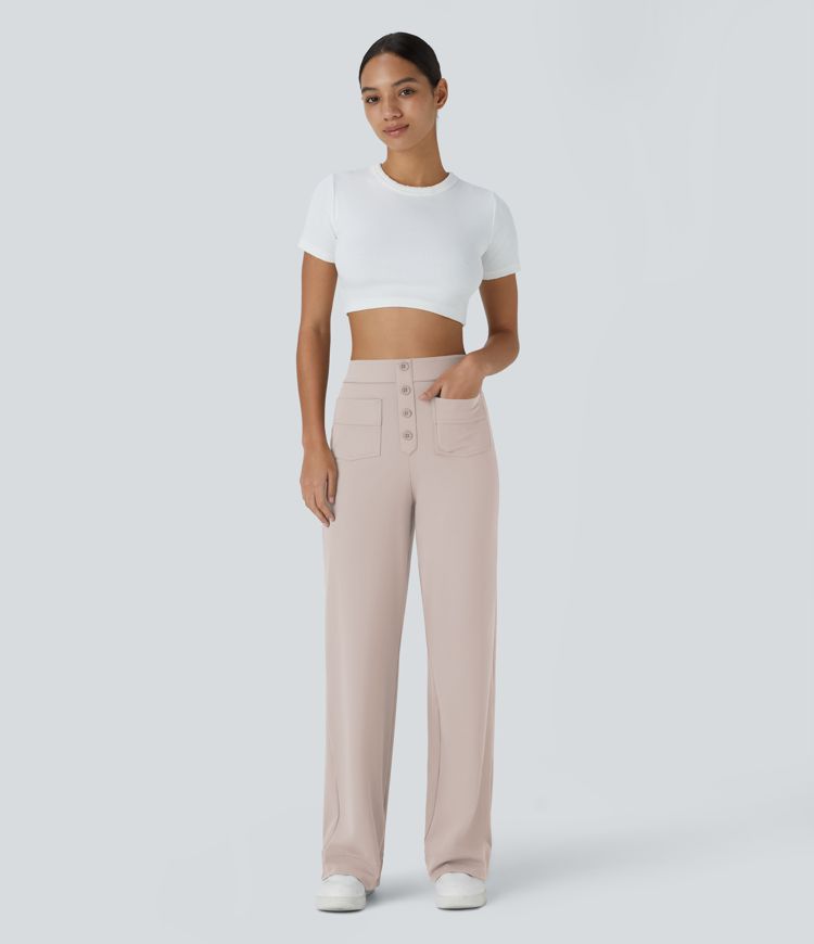 High Waisted Pockets Straight Leg Casual Pants