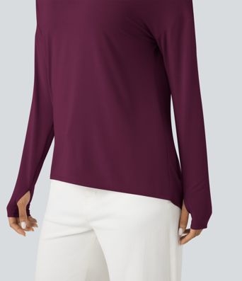 T-shirt décontracté col V profond manches longues à trous pouces coupe décontractée - Réversible devant et dos