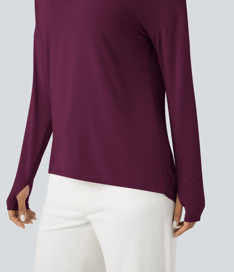 T-shirt décontracté col V profond manches longues à trous pouces coupe décontractée - Réversible devant et dos