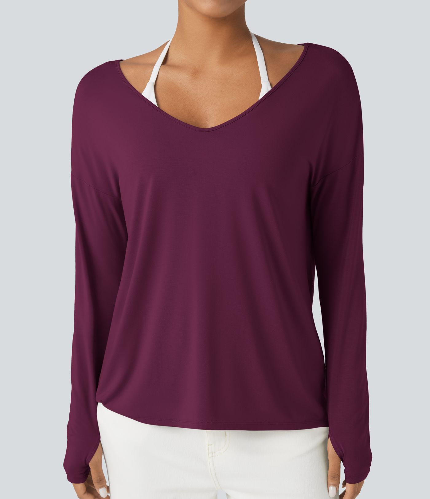 T-shirt décontracté col V profond manches longues à trous pouces coupe décontractée - Réversible devant et dos