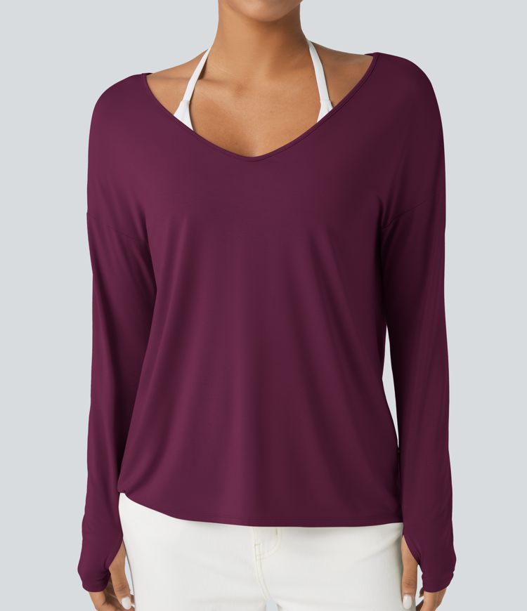 T-shirt décontracté col V profond manches longues à trous pouces coupe décontractée - Réversible devant et dos