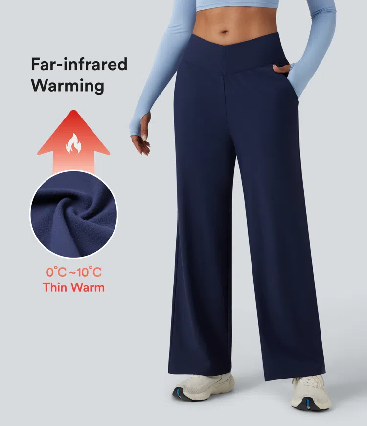 Pantalon de yoga ample thermique en polaire, dos en V, taille haute, avec poches