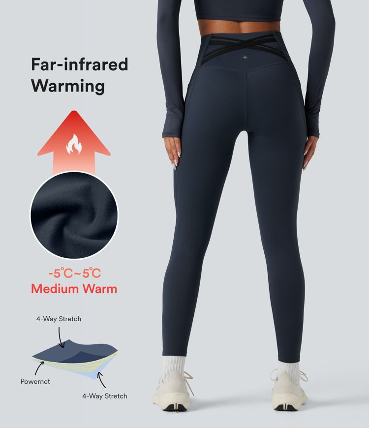 SoCinched High Waisted Tummy Control Crossover Back Fleece Running Leggings with Pockets