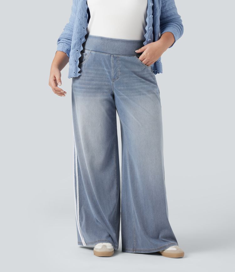 Plus Size Halara Flex™ High Waisted Stripe Wide Leg Flowy Washed Casual Jeans with Pockets