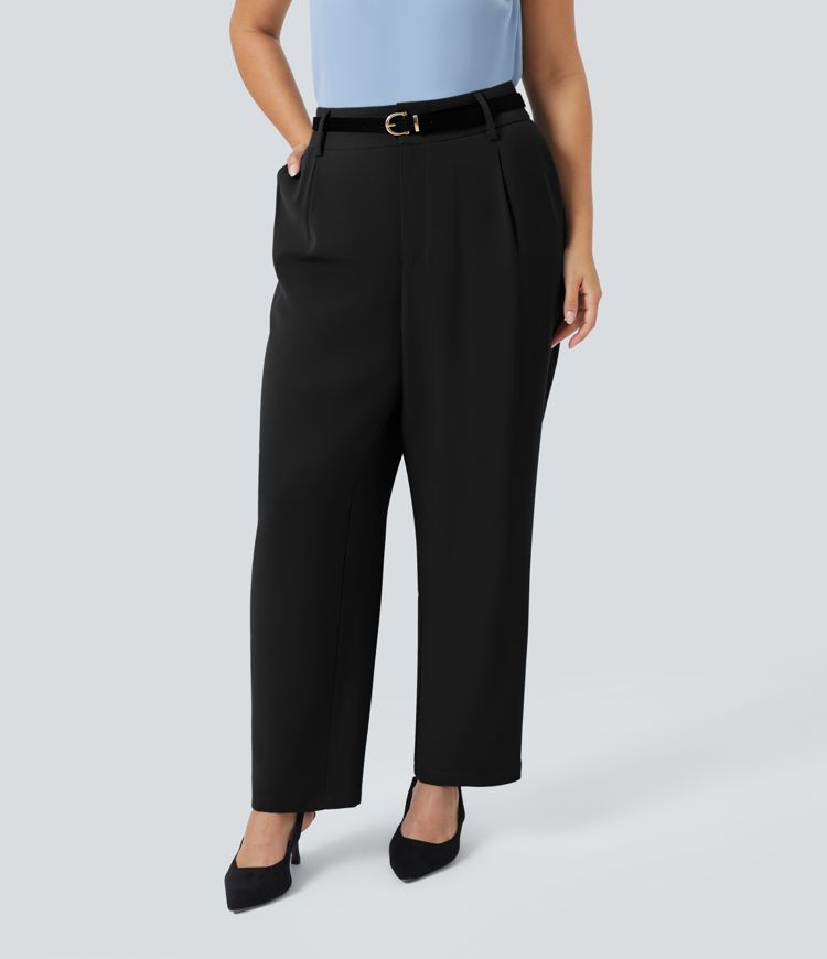 High Waisted Pocket Solid Work Plus Size Tapered Pants