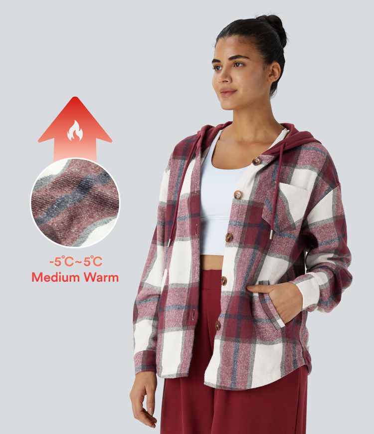 Hooded Drawstring Pocket Plaid Thermal Casual Jacket