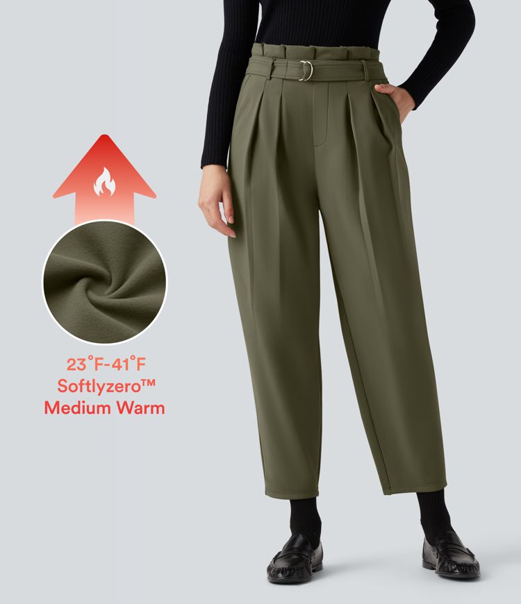 SoftlyZero™ Plush Thermal Super High Waisted Belted Tapered Work Pants with Pockets