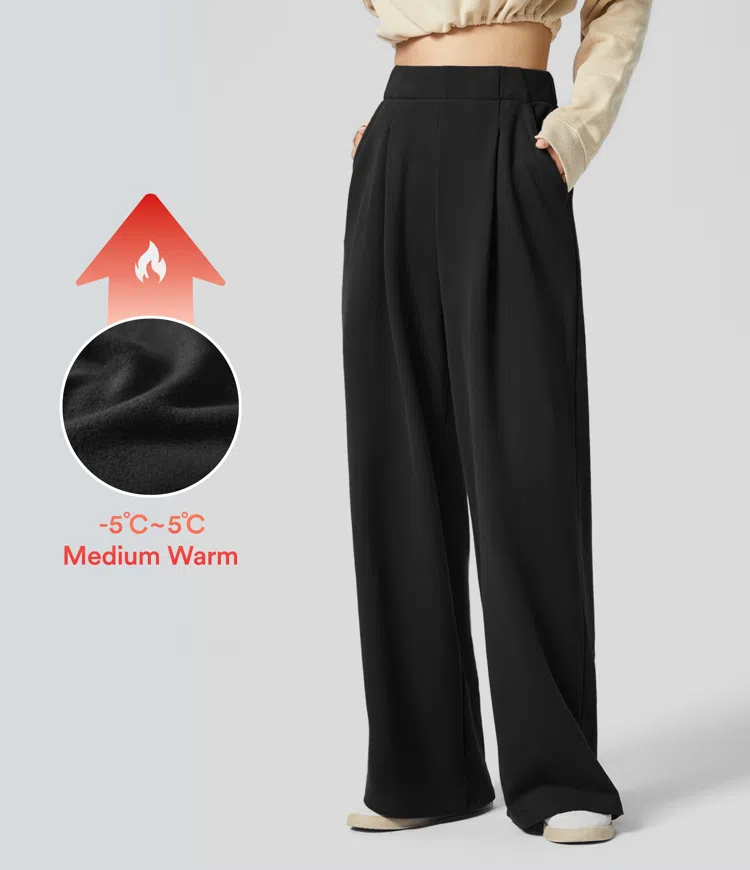 Black Freizeithose aus Fleece mit hoher Taille, Seitentasche und weitem Bein / 1