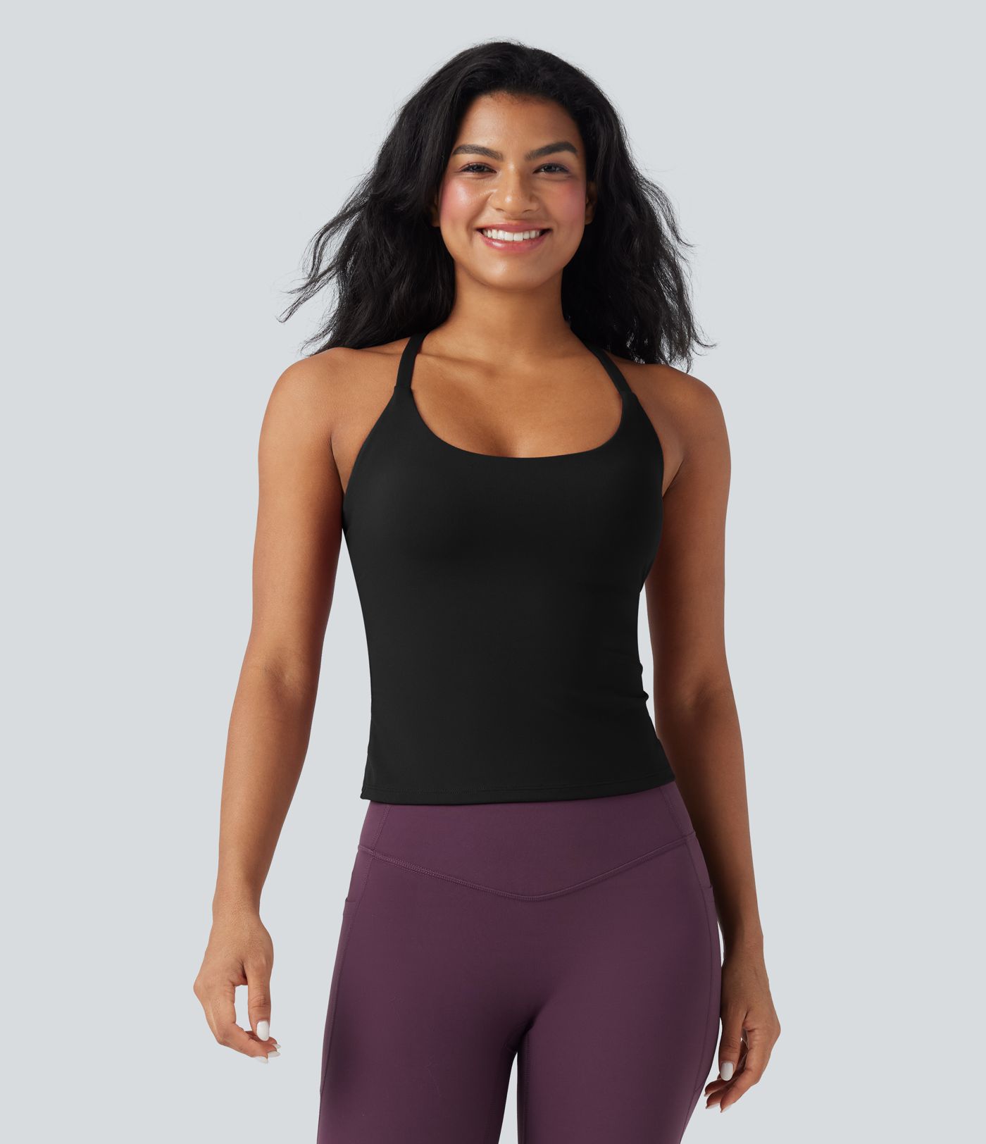 Scoop Neck Crisscross Back Crossover Hem Yoga Cami Top