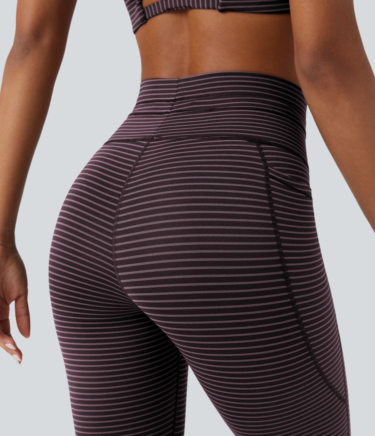 High Waisted Drawstring Striped Yoga Leggings with Pockets