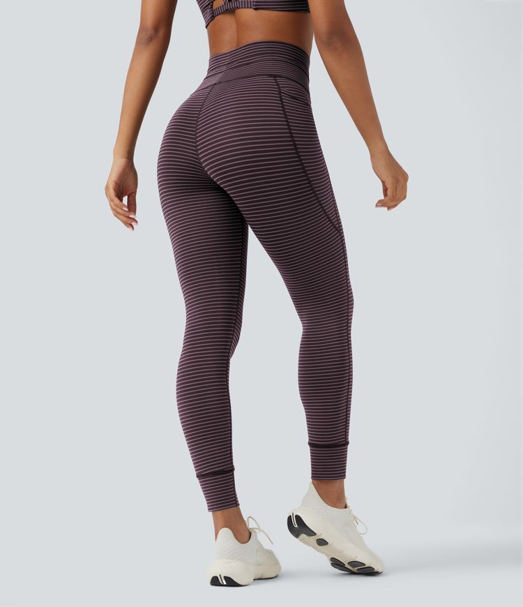 High Waisted Drawstring Striped Yoga Leggings with Pockets