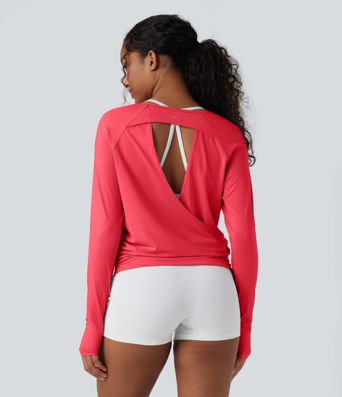 Cut-out Back Thumb Hole Ruched Relaxed Yoga Sports Top