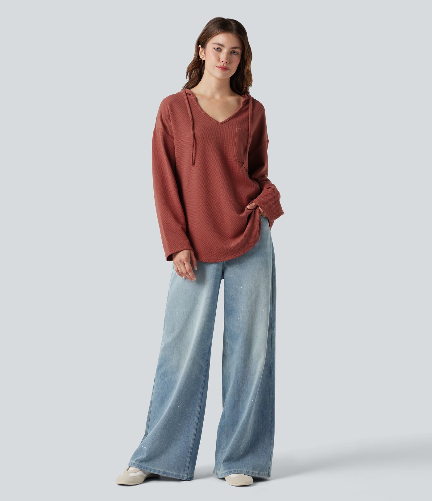 Hooded Drawstring Long Sleeve Curved Hem Waffle Casual Sweatshirt with Pocket