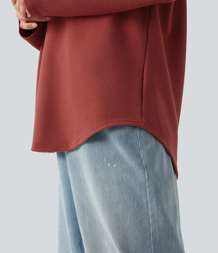 Hooded Drawstring Long Sleeve Curved Hem Waffle Casual Sweatshirt with Pocket