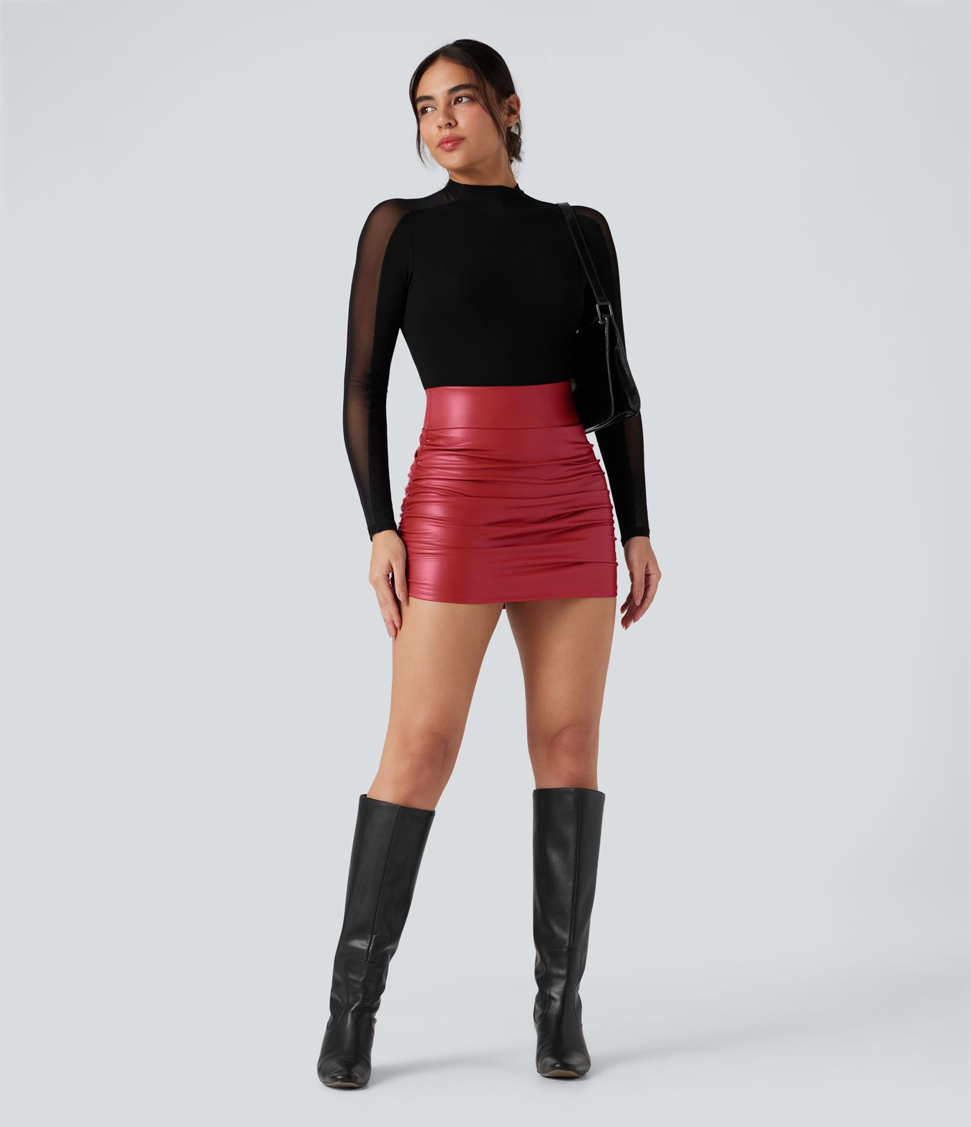 High Waisted Tummy Control Ruched Curved Hem 2-in-1 Fleece PU Faux Leather Mini Bodycon Skirt
