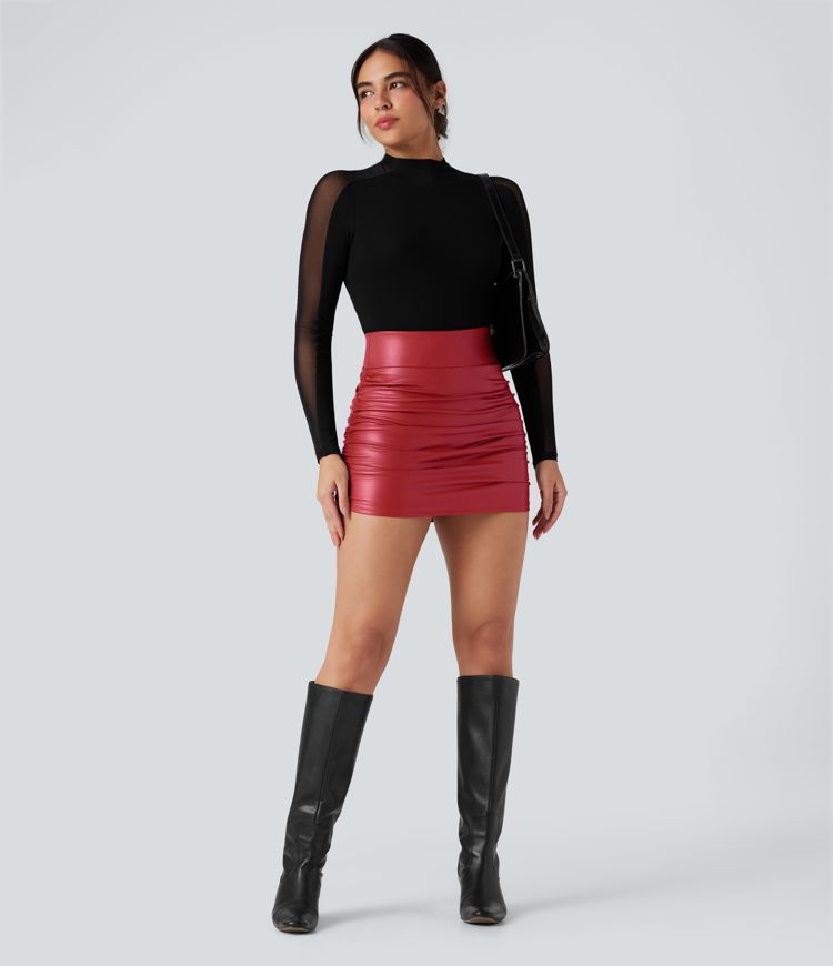 High Waisted Tummy Control Ruched Curved Hem 2-in-1 Fleece PU Faux Leather Mini Bodycon Skirt