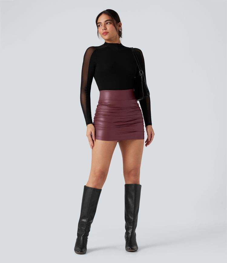 High Waisted Tummy Control Ruched Curved Hem 2-in-1 Fleece PU Faux Leather Mini Bodycon Skirt