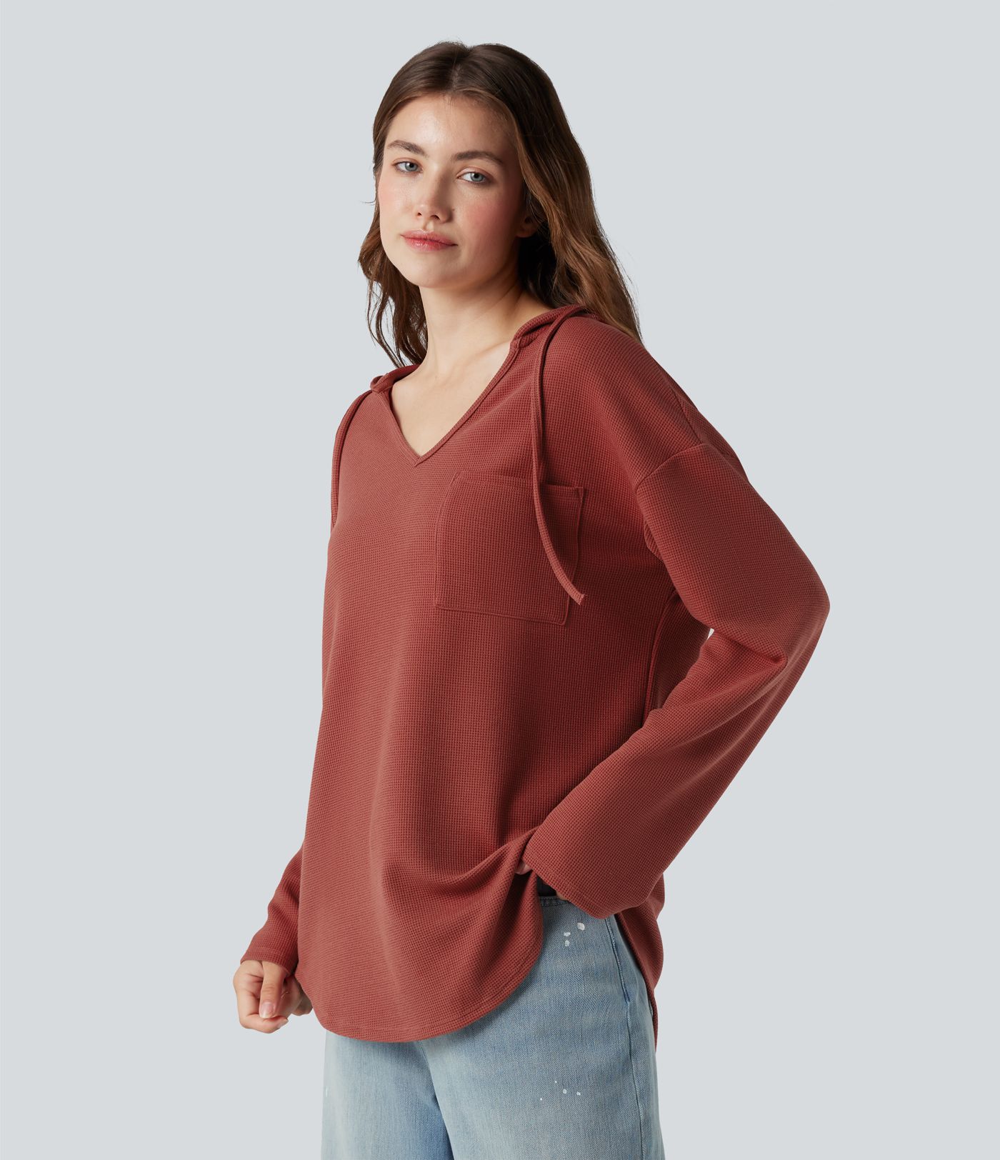 Hooded Drawstring Long Sleeve Curved Hem Waffle Casual Sweatshirt with Pocket