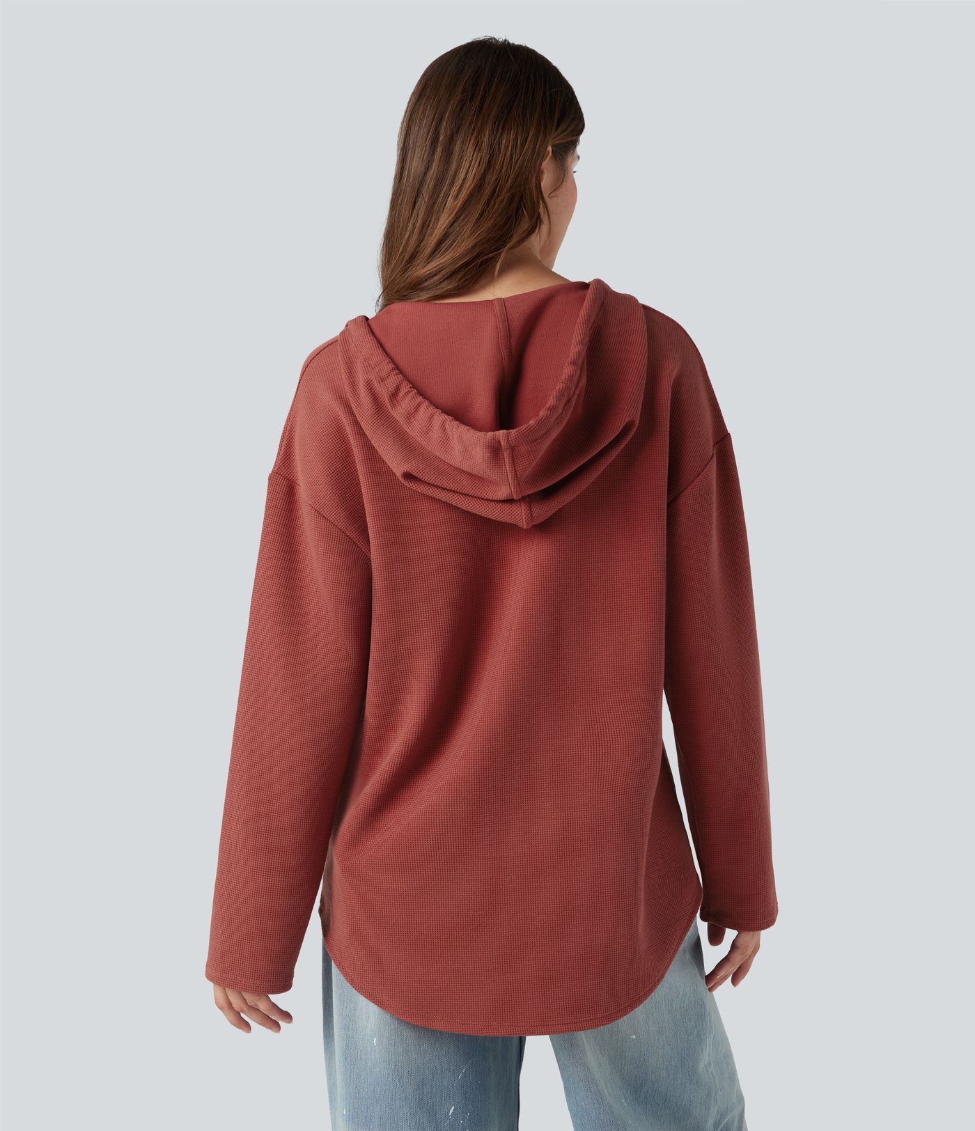 Hooded Drawstring Long Sleeve Curved Hem Waffle Casual Sweatshirt with Pocket