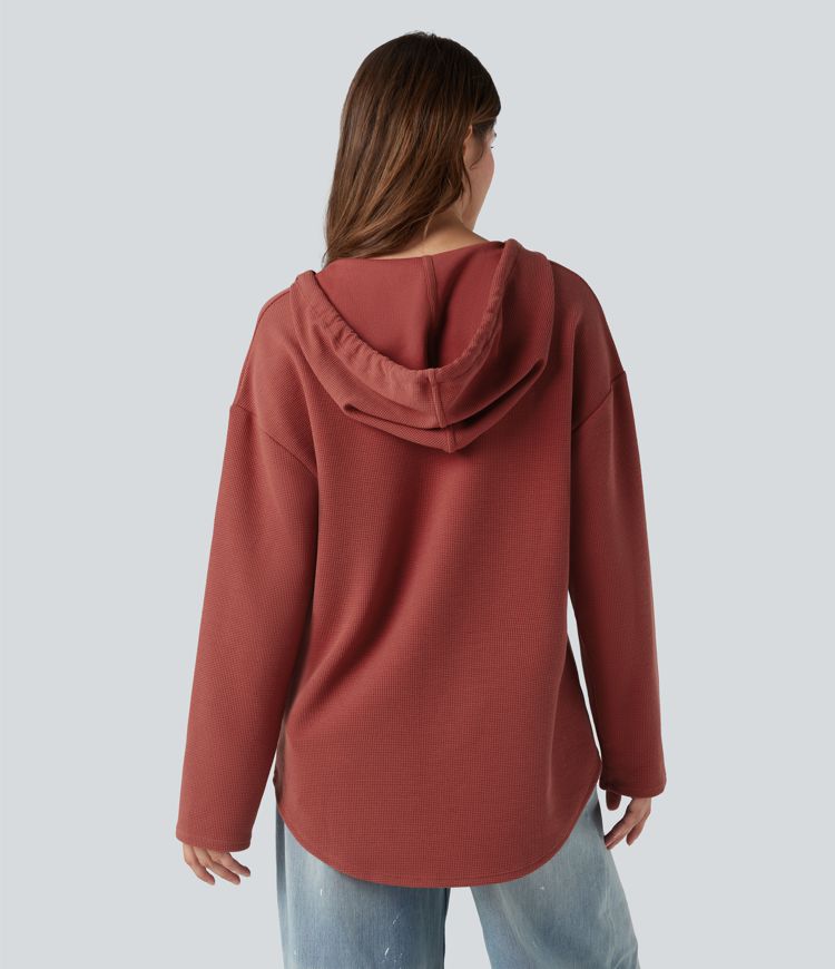 Hooded Drawstring Long Sleeve Curved Hem Waffle Casual Sweatshirt with Pocket