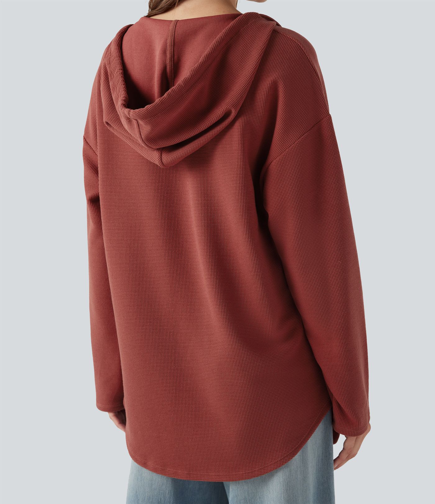 Hooded Drawstring Long Sleeve Curved Hem Waffle Casual Sweatshirt with Pocket