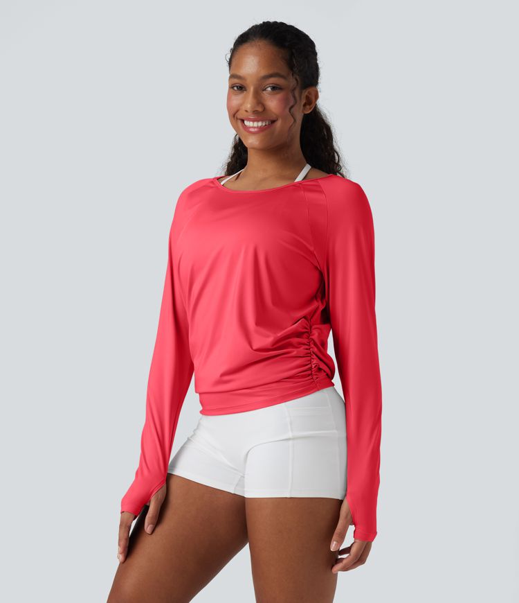 Cut-out Back Thumb Hole Ruched Relaxed Yoga Sports Top