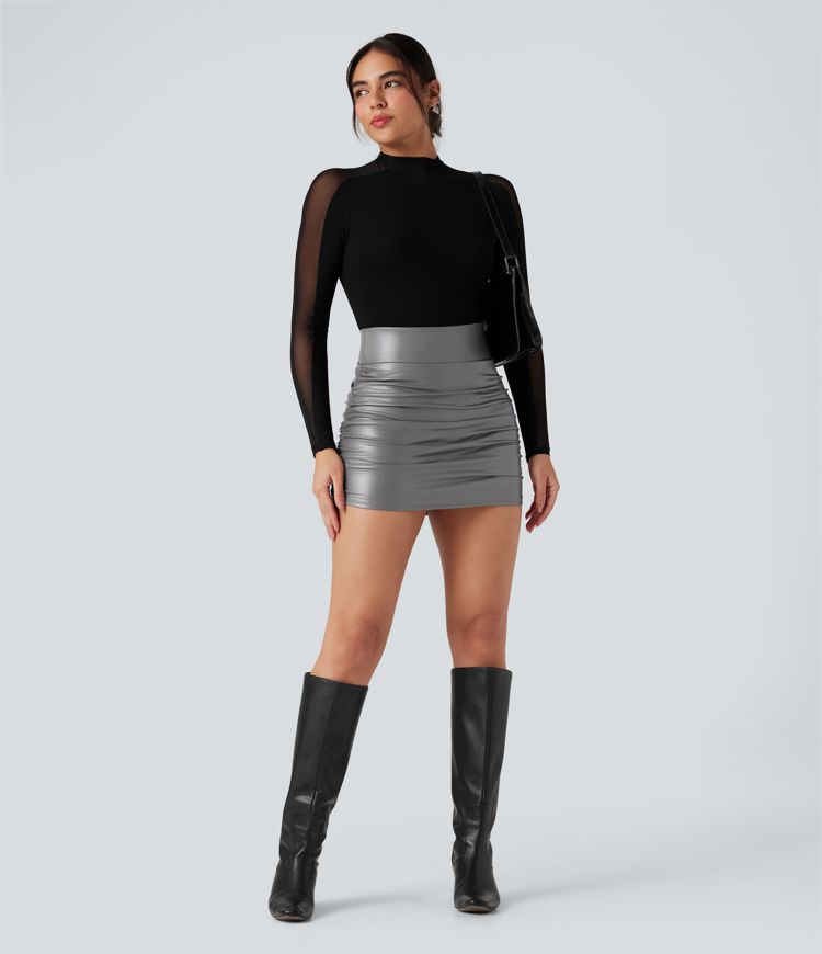 High Waisted Tummy Control Ruched Curved Hem 2-in-1 Fleece PU Faux Leather Mini Bodycon Skirt
