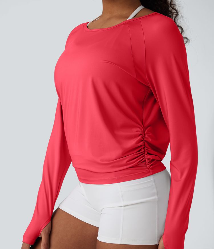 Cut-out Back Thumb Hole Ruched Relaxed Yoga Sports Top