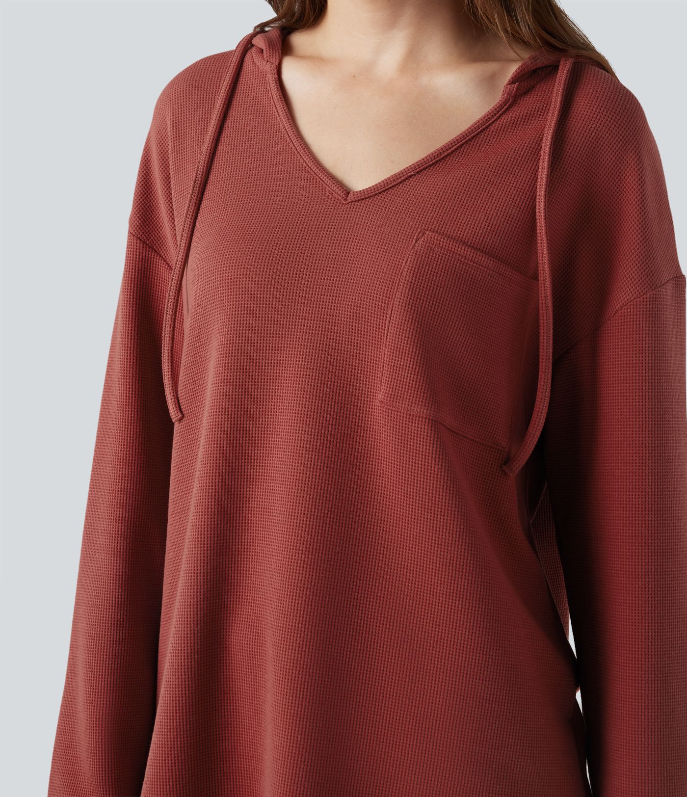 Hooded Drawstring Long Sleeve Curved Hem Waffle Casual Sweatshirt with Pocket