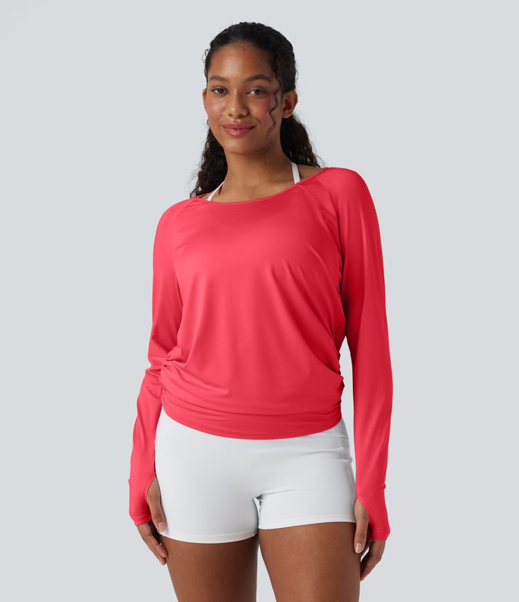Cut-out Back Thumb Hole Ruched Relaxed Yoga Sports Top