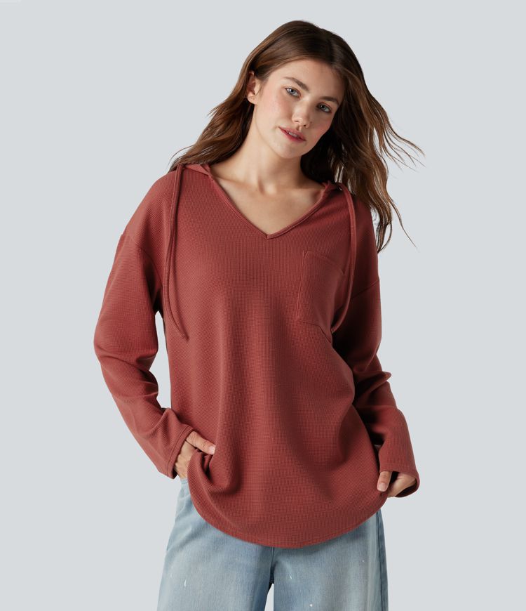 Hooded Drawstring Long Sleeve Curved Hem Waffle Casual Sweatshirt with Pocket