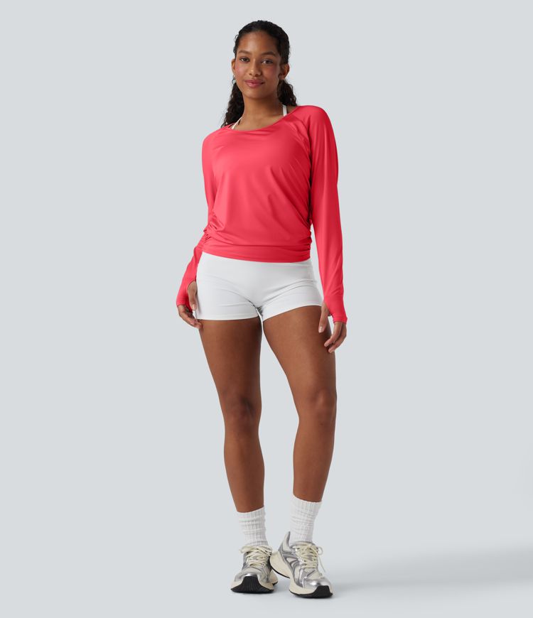 Cut-out Back Thumb Hole Ruched Relaxed Yoga Sports Top