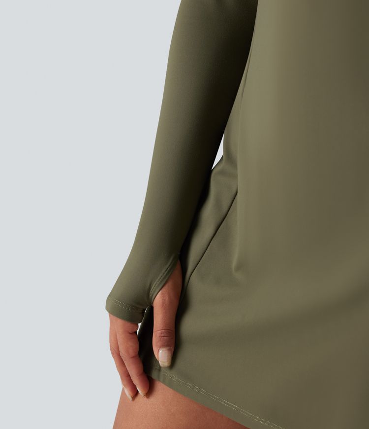 SoftlyZero™ Plush Stand Collar Half Zipper Long Sleeve Thumb Holes Pleated Hem Mini Dance Active Dress