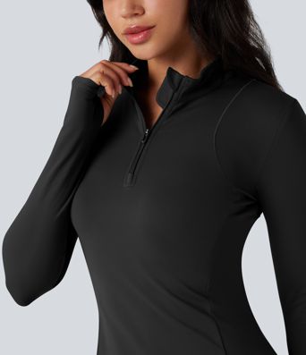 SoftlyZero™ Plush Stand Collar Half Zipper Long Sleeve Thumb Holes Pleated Hem Mini Dance Active Dress