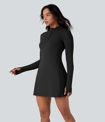 SoftlyZero™ Plush Stand Collar Half Zipper Long Sleeve Thumb Holes Pleated Hem Mini Dance Active Dress