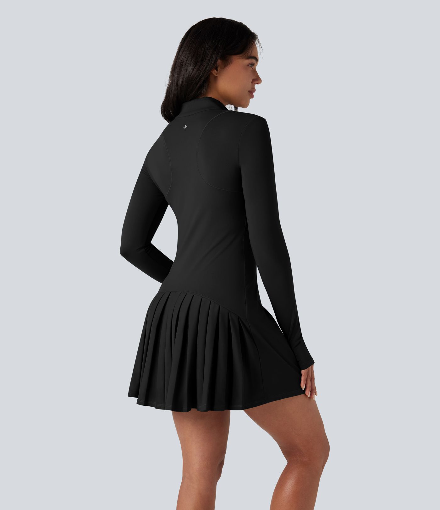 SoftlyZero™ Plush Stand Collar Half Zipper Long Sleeve Thumb Holes Pleated Hem Mini Dance Active Dress