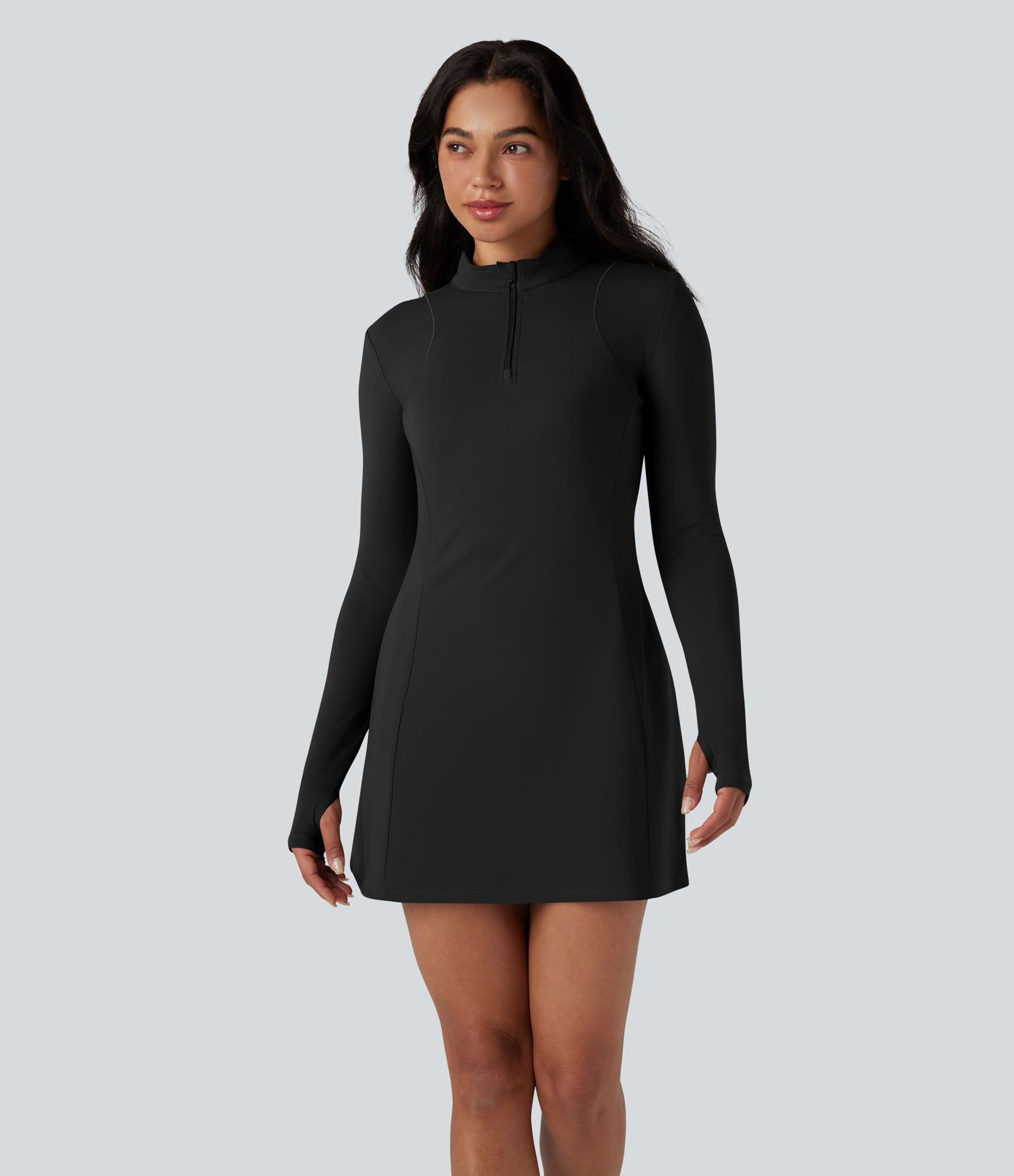 SoftlyZero™ Plush Stand Collar Half Zipper Long Sleeve Thumb Holes Pleated Hem Mini Dance Active Dress