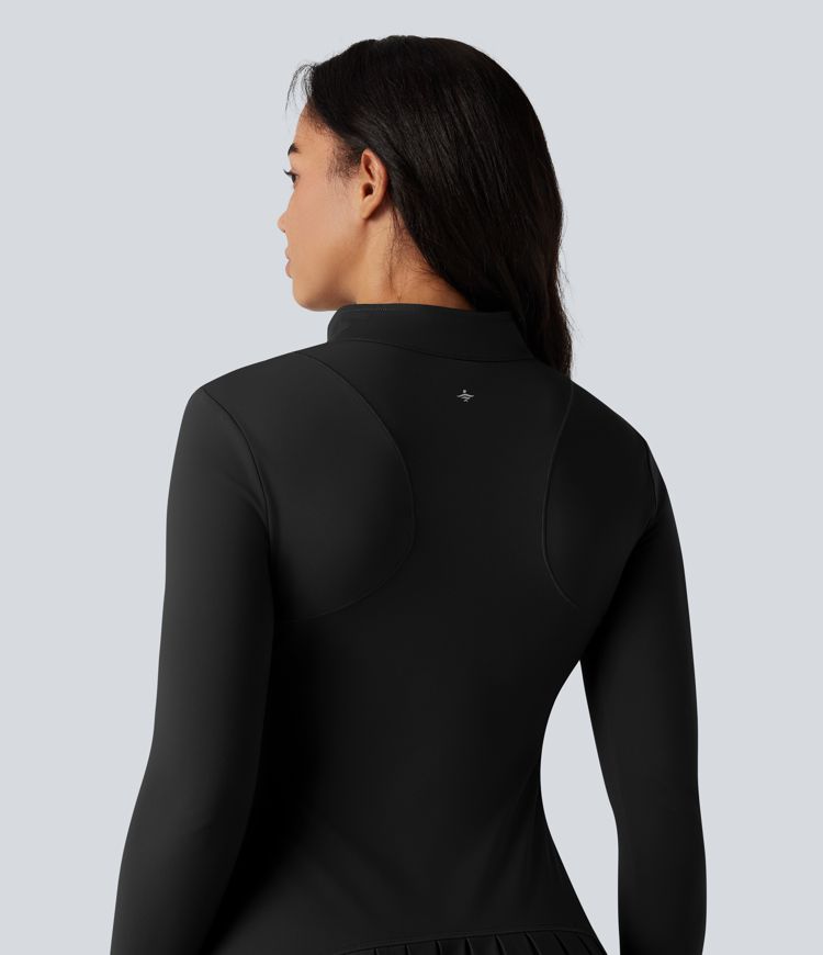 SoftlyZero™ Plush Stand Collar Half Zipper Long Sleeve Thumb Holes Pleated Hem Mini Dance Active Dress