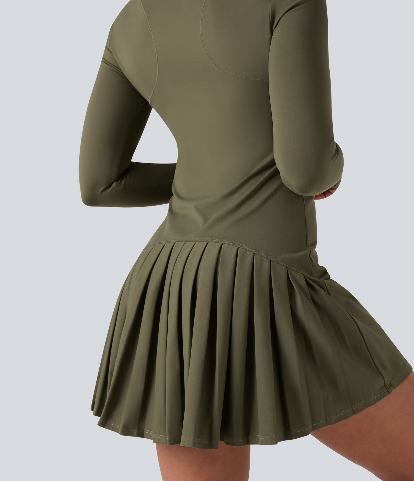 SoftlyZero™ Plush Stand Collar Half Zipper Long Sleeve Thumb Holes Pleated Hem Mini Dance Active Dress