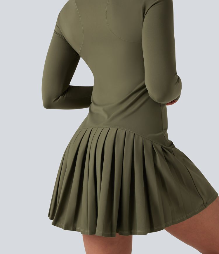 SoftlyZero™ Plush Stand Collar Half Zipper Long Sleeve Thumb Holes Pleated Hem Mini Dance Active Dress
