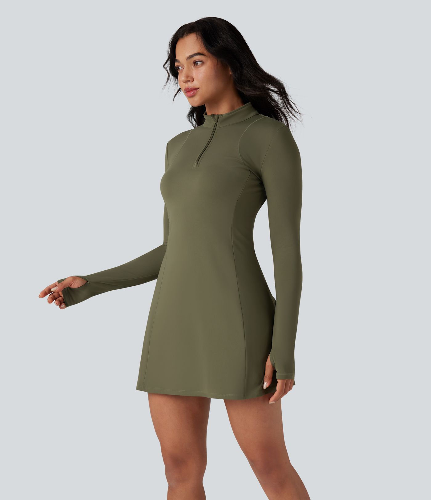 SoftlyZero™ Plush Stand Collar Half Zipper Long Sleeve Thumb Holes Pleated Hem Mini Dance Active Dress