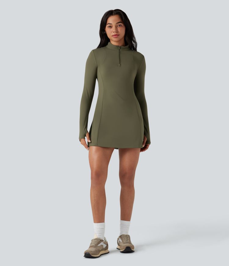 SoftlyZero™ Plush Stand Collar Half Zipper Long Sleeve Thumb Holes Pleated Hem Mini Dance Active Dress